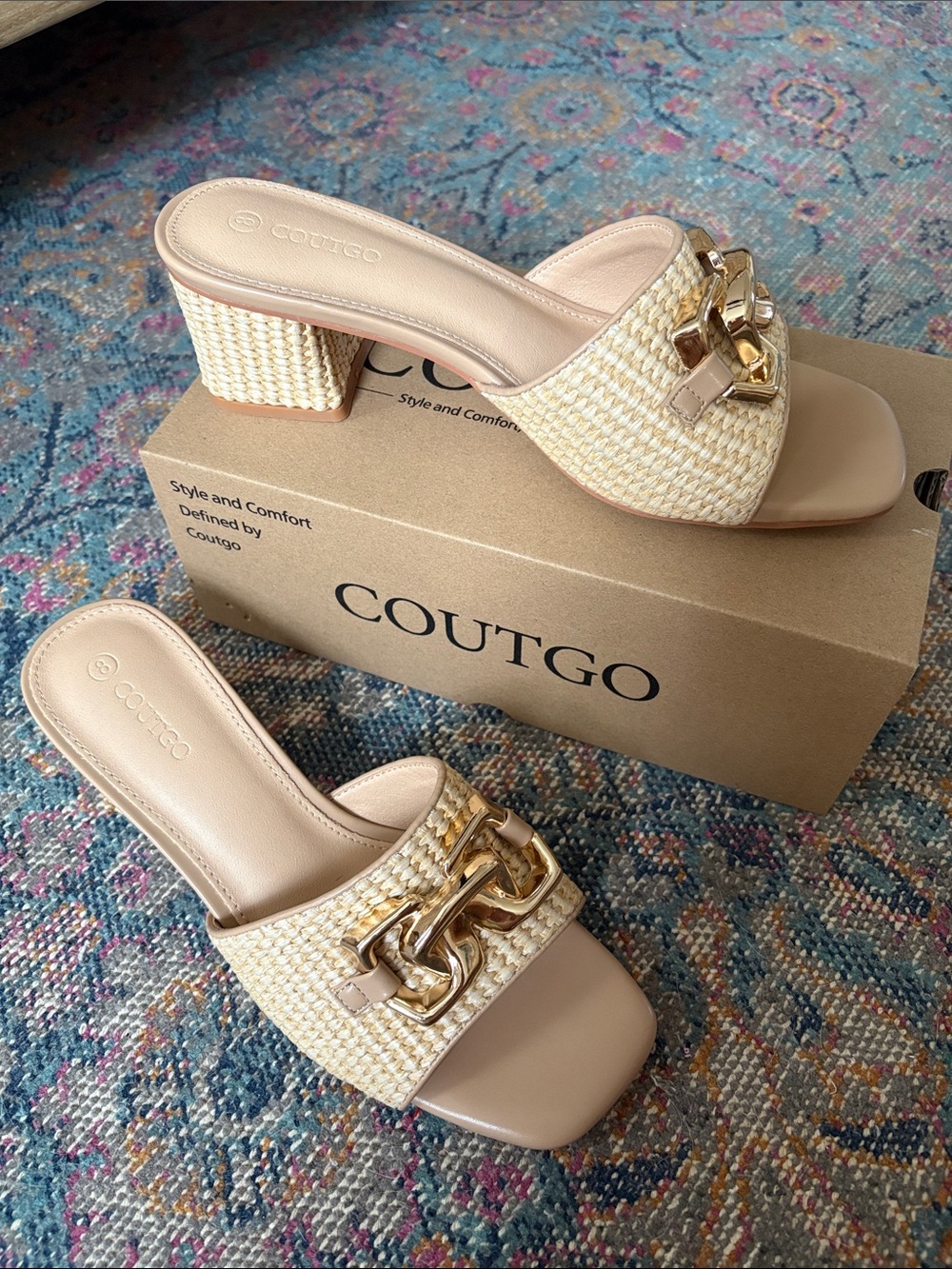 Women's Beige Woven Block Heel Slide with Gold Chain